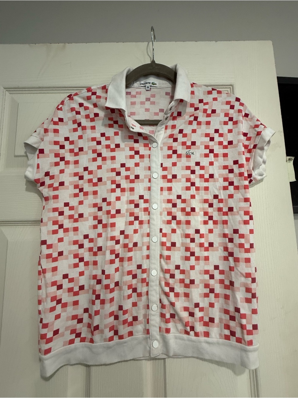 Lacoste White Polo Cardigan with Red Pixel Pattern